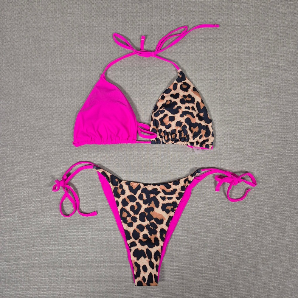 Pink and Leopard Print Triangle Bikini Set Halter Side Tie High Cut Size XL